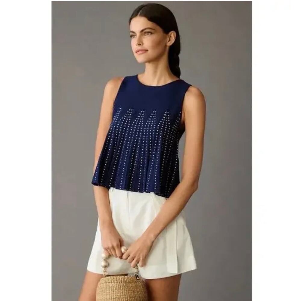Anthropologie Maeve Pleated Swing Knit Navy Sweater Tank SZ M